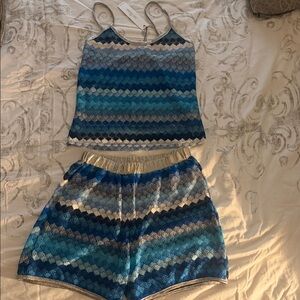 Blue Striped Lace Swim Coverup Set - Women's Two-Piece